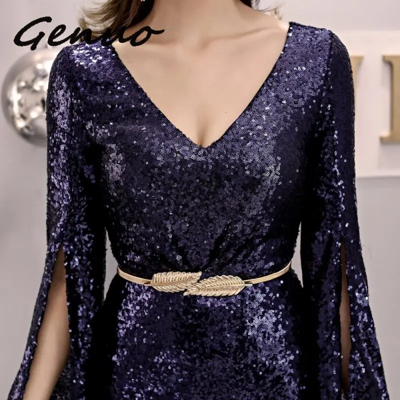 Genuo Elegant Party Dress Women Gold Silver Sequin Evening Party Gown Cloak Sleeves V Neck Belt Sexy Wedding Vestido de fiesta