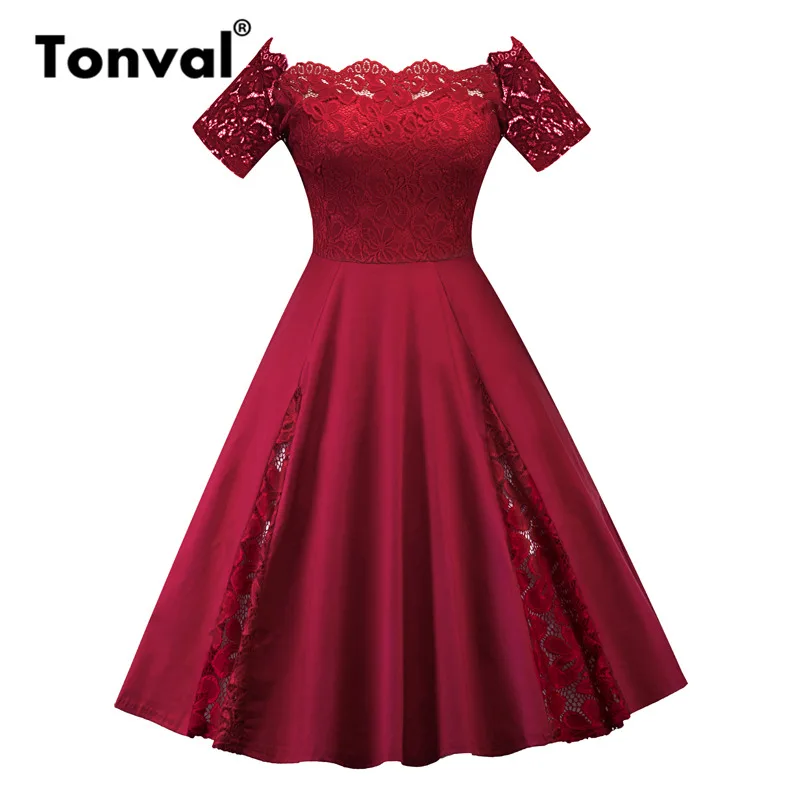 Бургундия Tonval 4XL 5XL размера плюс контрастное кружевное винтажное платье женские вечерние платья с открытыми плечами роковой Элегантный Большой размер сексуальные платья - Цвет: Бургундия