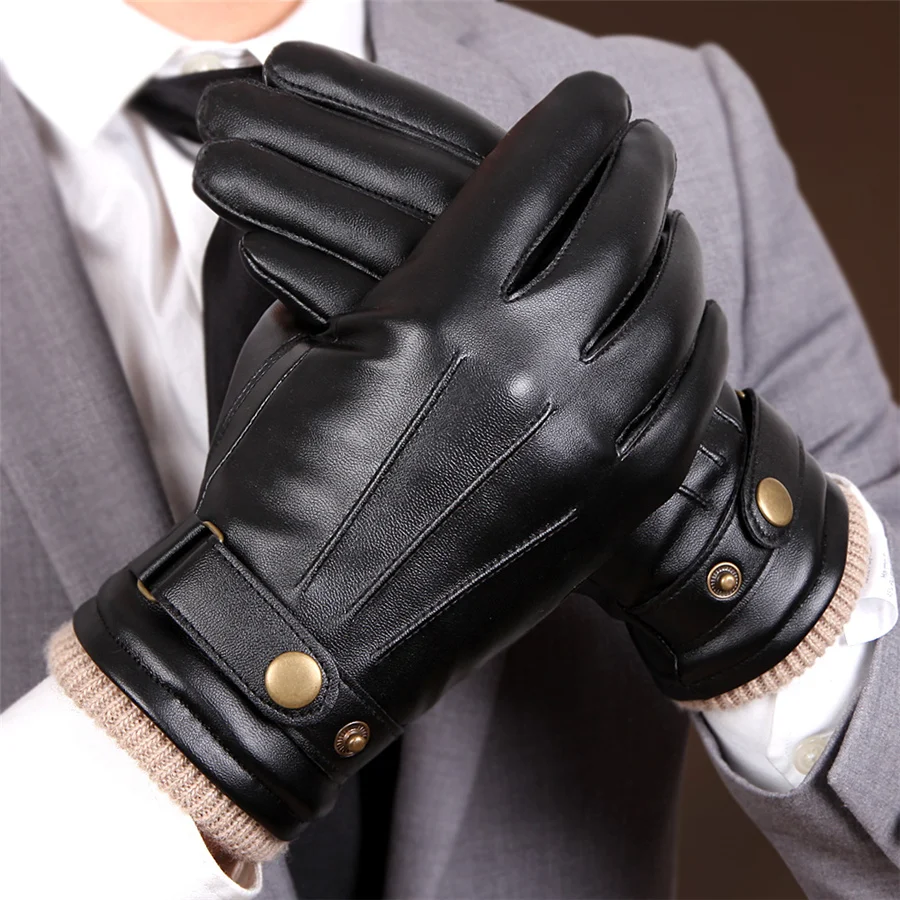 Quality Autumn/Winter Plus Velvet Padded Warm PU Leather Gloves Men Driving Gloves Wind Waterproof Touch Screen PM008PC