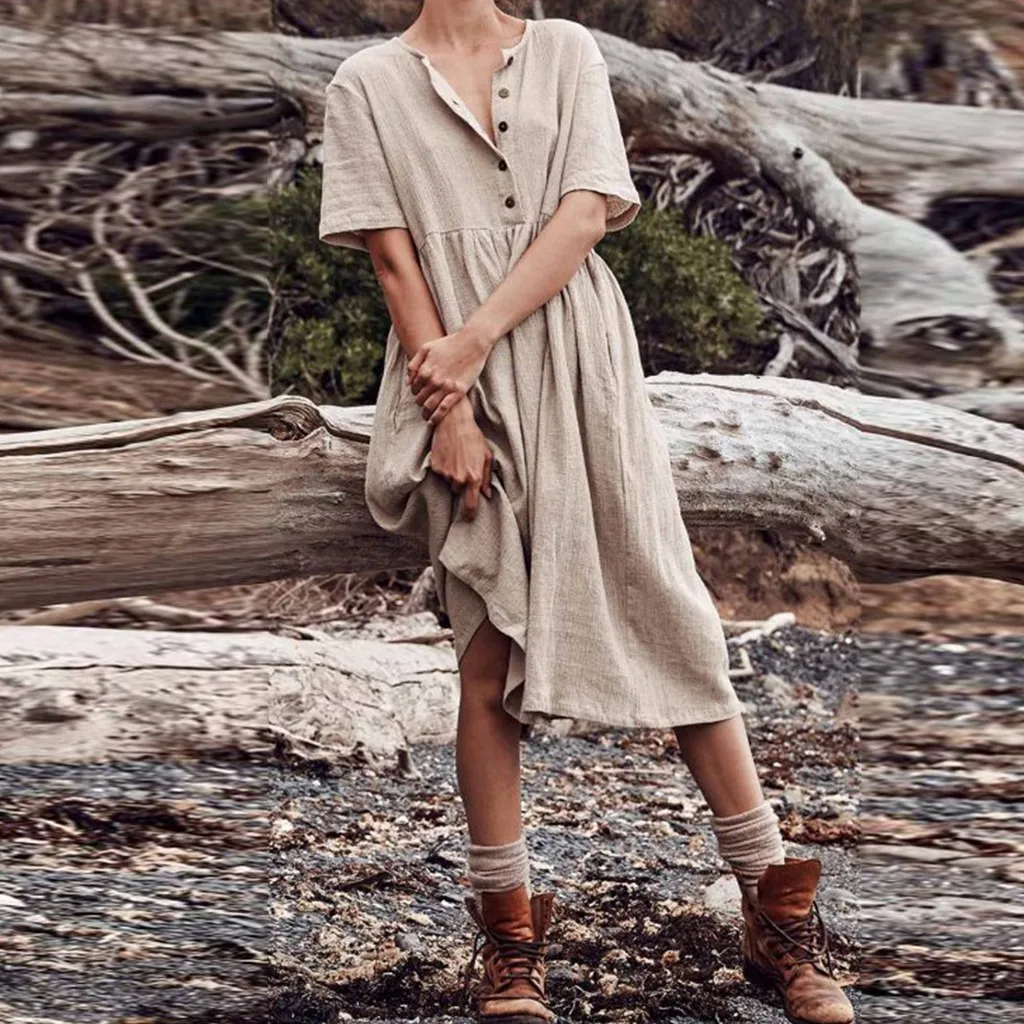 Женское длинное платье в стиле бохо однотонное хлопковое Свободное с коротким