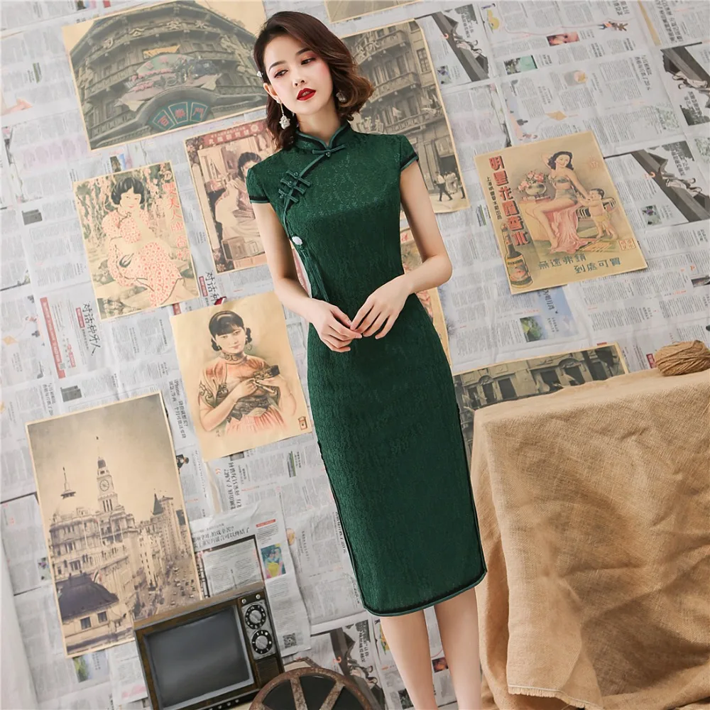 Сексуальное зеленое Новое Женское кружевное платье Чонсам Новинка Qipao с коротким рукавом Элегантное китайское платье тонкое Чи-Пао Vestidos Размер s-xxl