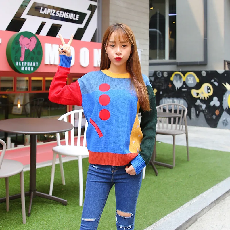 High Quality Women Thick Sweater Autumn Winter New 2017 O Neck Harajuku Colorful Stitching Oversized Knitted Tops Men Sweaters | Женская
