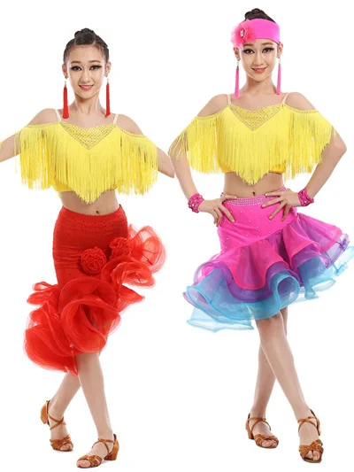 Комплект для латиноамериканских танцев топ без рукавов с бахромой и юбка