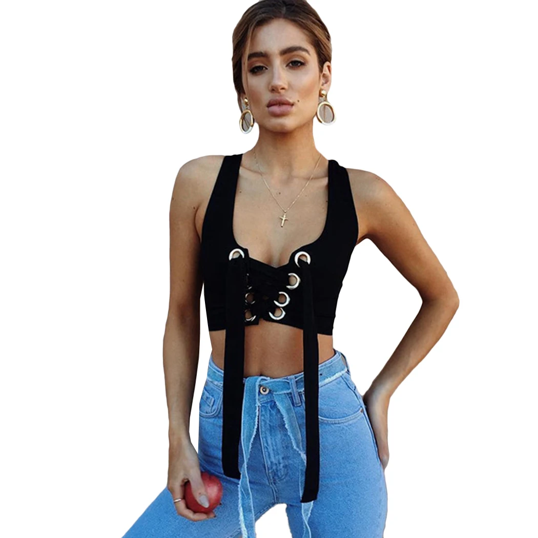 Пикантные Eyelet Lace Up укороченный топ Для женщин рукавов выдалбливают Футболка