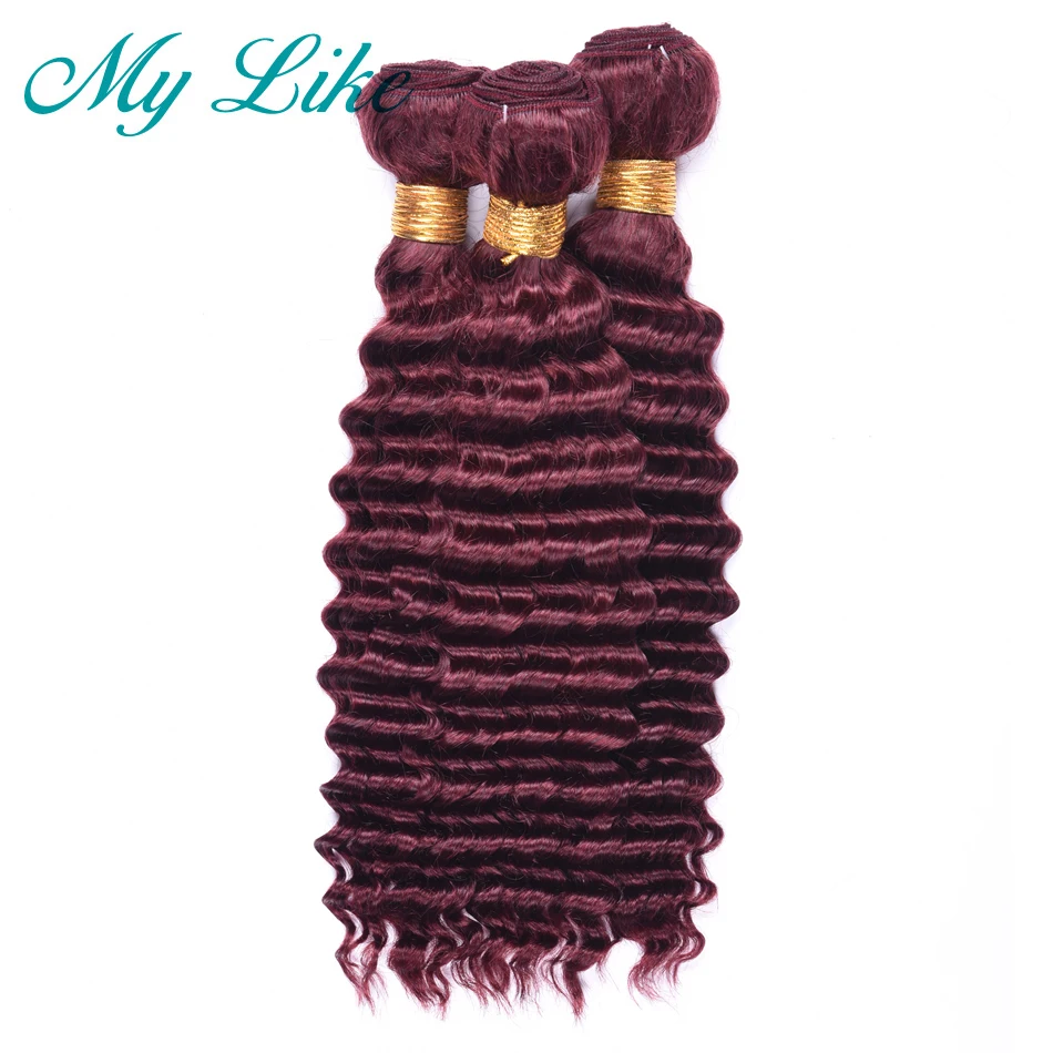 My Like Brazilian Deep Wave Hair Weave 3 Bundles Middle Ratio 8&quot-24&quot 99J Red Burgundy Non-remy 100% Human Extension | Шиньоны и