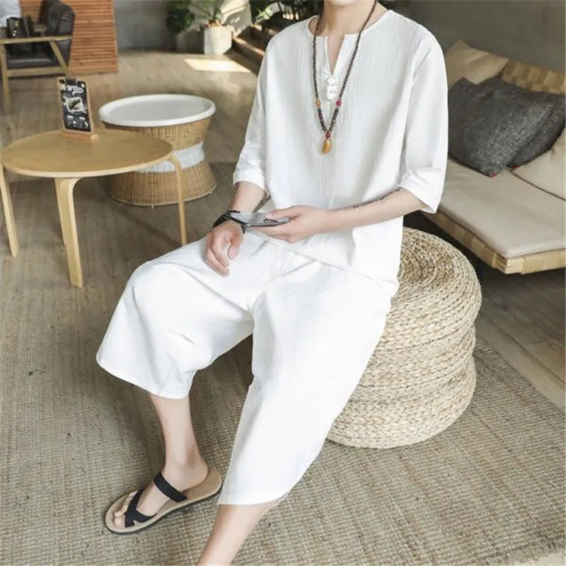 Fashion Sets Linen Short Set 2019 Summer Mens Cotton Shorts Suit Male Streetwear Chinese Style 2 Piece V-Neck | Мужская одежда