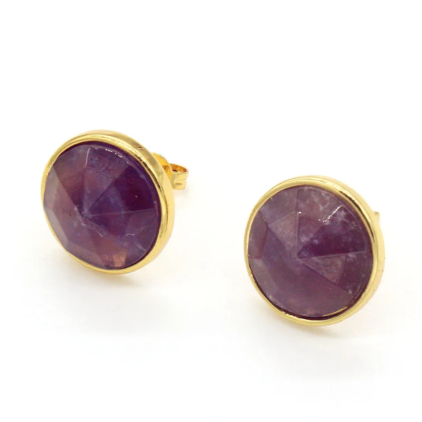 

100-Unique 1 Pair Light Yellow Gold Color Round Cabochon Section Stud Earrings Natural Amethysts Stone Earring