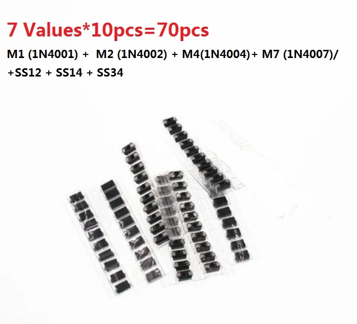 SMD набор диодов 7 видов * 10 шт. = 70 шт./лот M1 (1N4001) + M2 (1N4002) M4(1N4004)+ M7 (1N4007)/+ SS12 SS14 SS34 SMA |