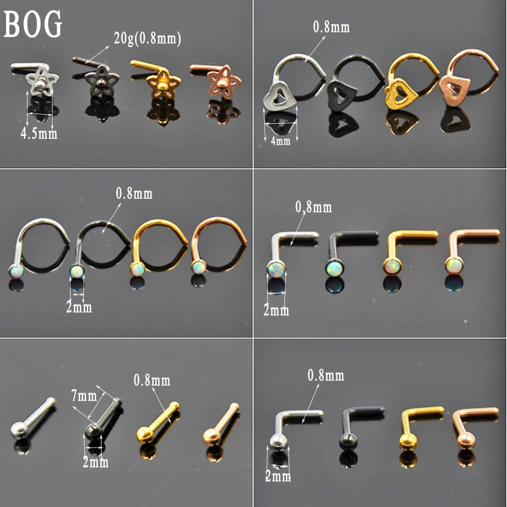 BOG-6PC кольцо из хирургической стали 316L с опалом, сердцем, шариком и цветком для пирсинга носа, ювелирные изделия для тела 20 г