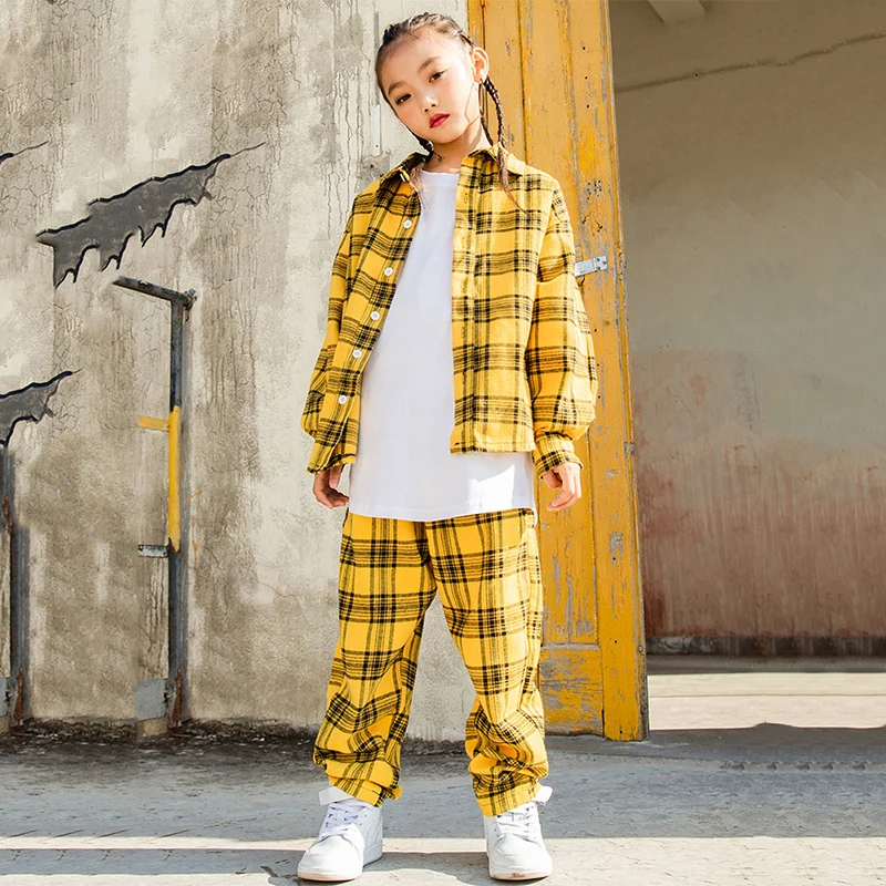2019 костюм в стиле хип хоп желтая рубашка клетку для девочек и мальчиков брюки