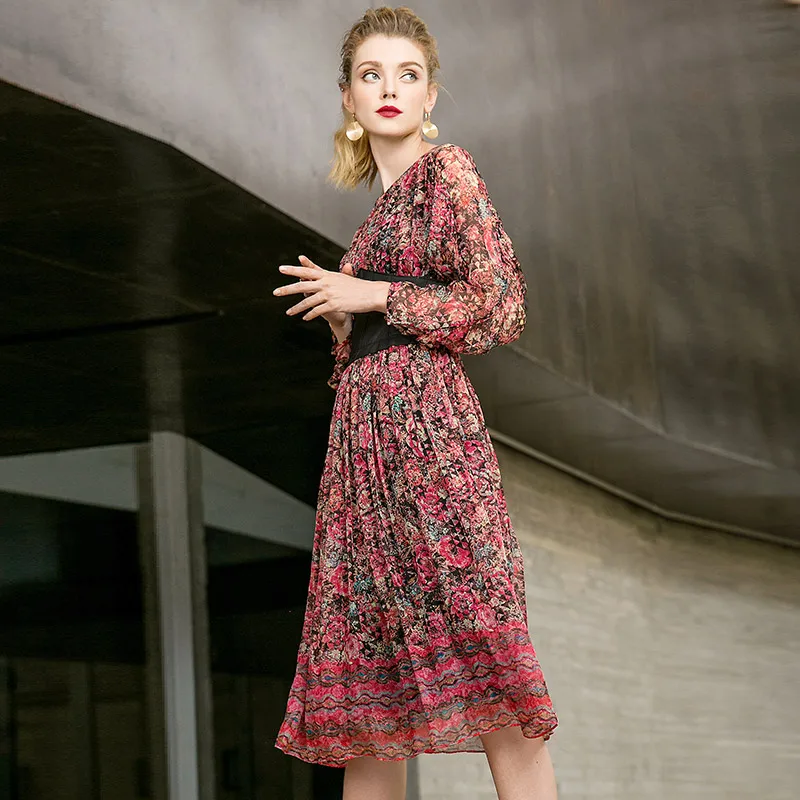 Женское шелковое платье с принтом рукавом летучая мышь | Женская одежда