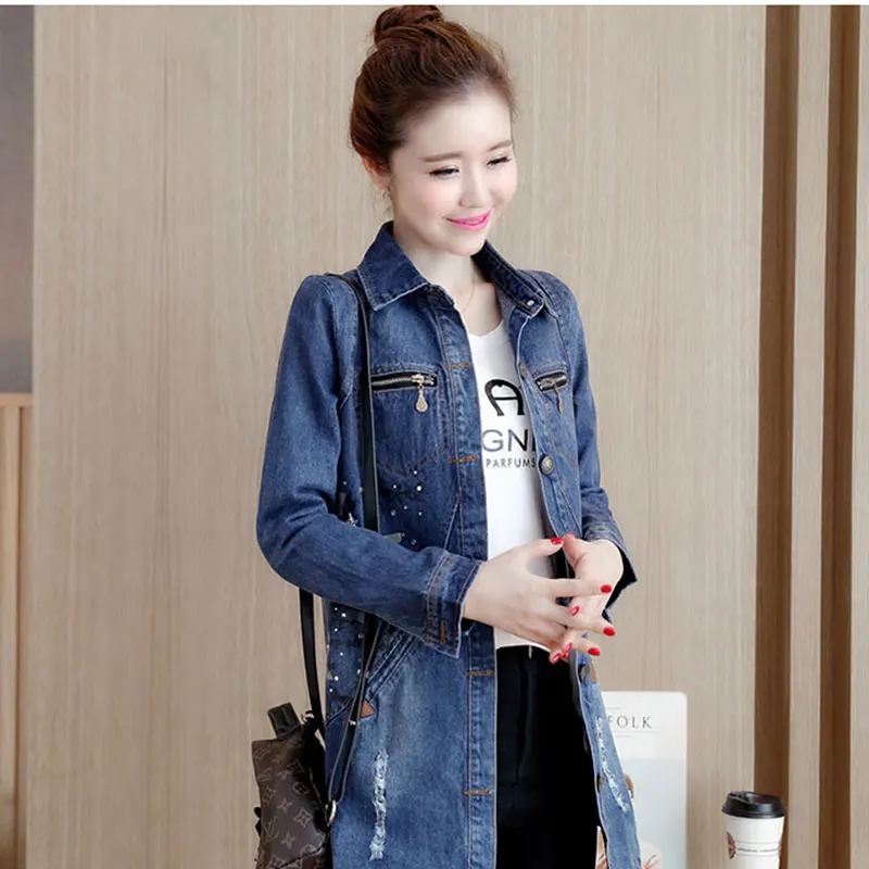 Ветровка женская джинсовая средней длины модная свободная повседневная верхняя