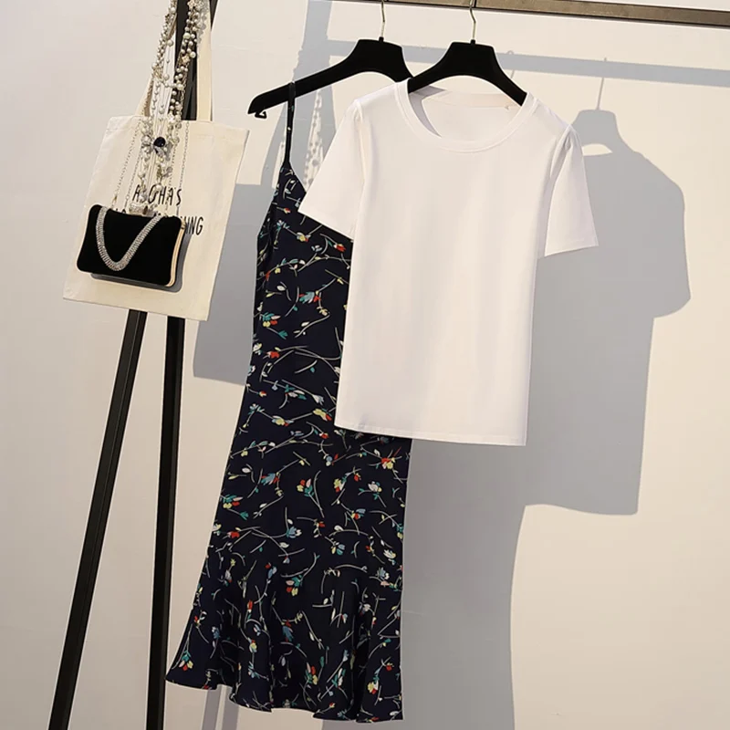 White - Navy Trytree летний женский повседневный комплект из двух предметов хлопковый однотонный топ+ платье цветочный оборки подол до середины икры Слинг платье костюм комплект из 2 предметов - Цвет: White - Navy