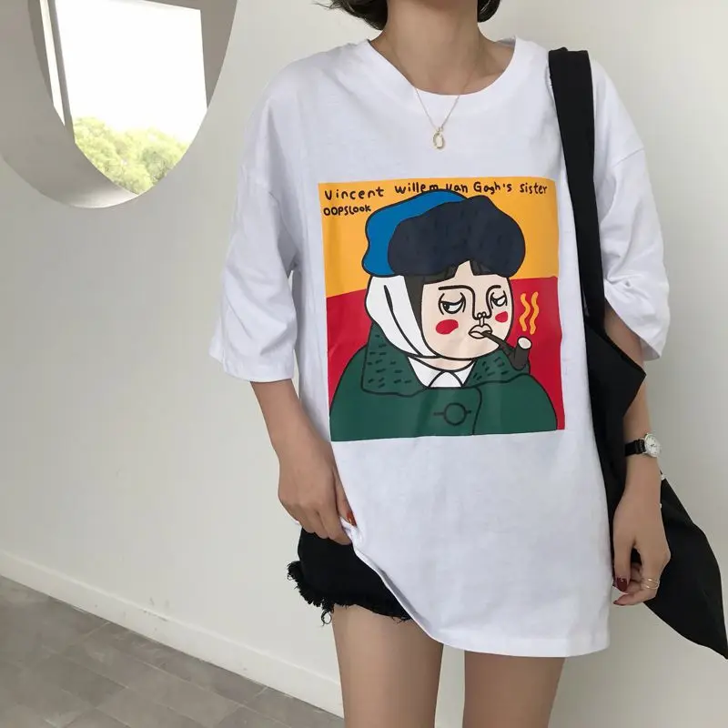 Women Summer Fun Printing Oversize T shirt Cartoon Loose 3/4 sleeved Long Pink White New Spring Korean Shirt|Футболки| |