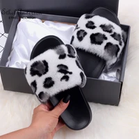 ethel anderson fashion real rabbit fur slippers casual leopard slides indoor outdoor slip on flats fur shoes
