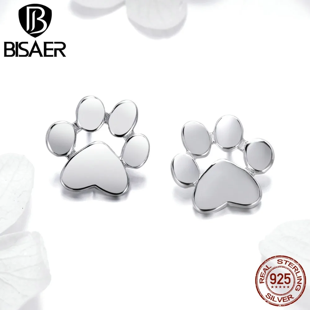BISAER, 3 цвета, 925 пробы, серебряные серьги "отпечатки пальцев", собачья Лапка, маленькие серьги-гвоздики для женщин, модные серьги, ювелирное изделие
