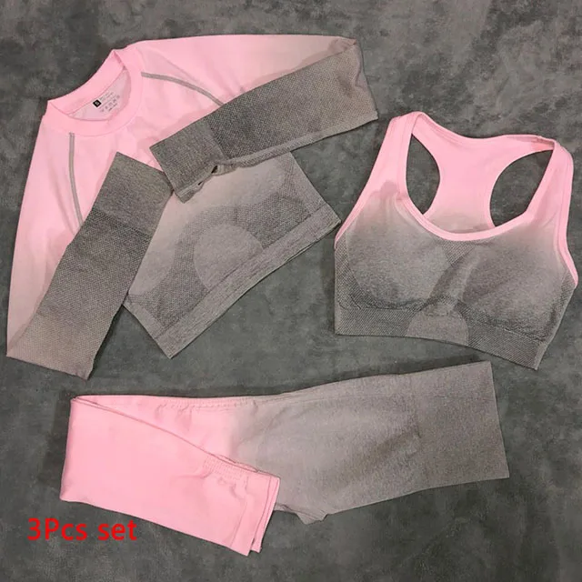 Pink 3Pcs set Комплект из 3 предметов для йоги, бесшовные леггинсы с эффектом омбре, спортивный бюстгальтер+ укороченный топ с длинным рукавом+ женские леггинсы для бега и спортзала, спортивный костюм с высокой талией для фитнеса - Цвет: Pink 3Pcs set