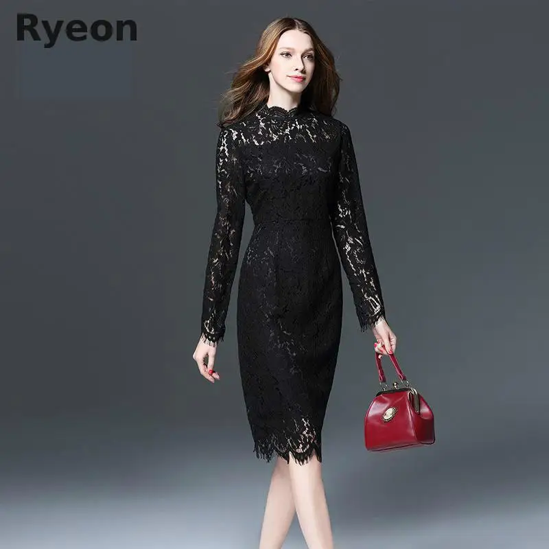 Ryeon 5XL Дамы Элегантный Черный Плюс Размер Весна Dress женская Одежда Офис Кружева