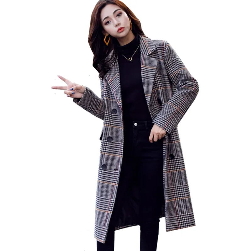 

Spring Autumn Warm Women's Wool Jacket Fashion Slim popular Thousand Bird Plaid Woolen Coats Casual Female Long Overcoat Jackets