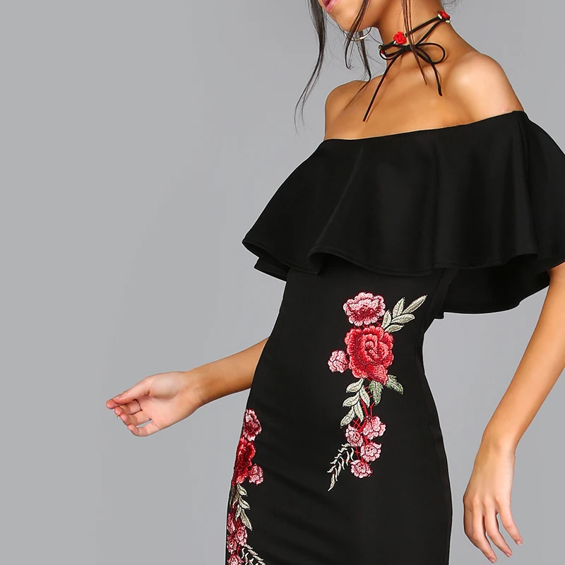 2017 летнее женское платье Сексуальное вечернее с вышивкой и открытыми плечами