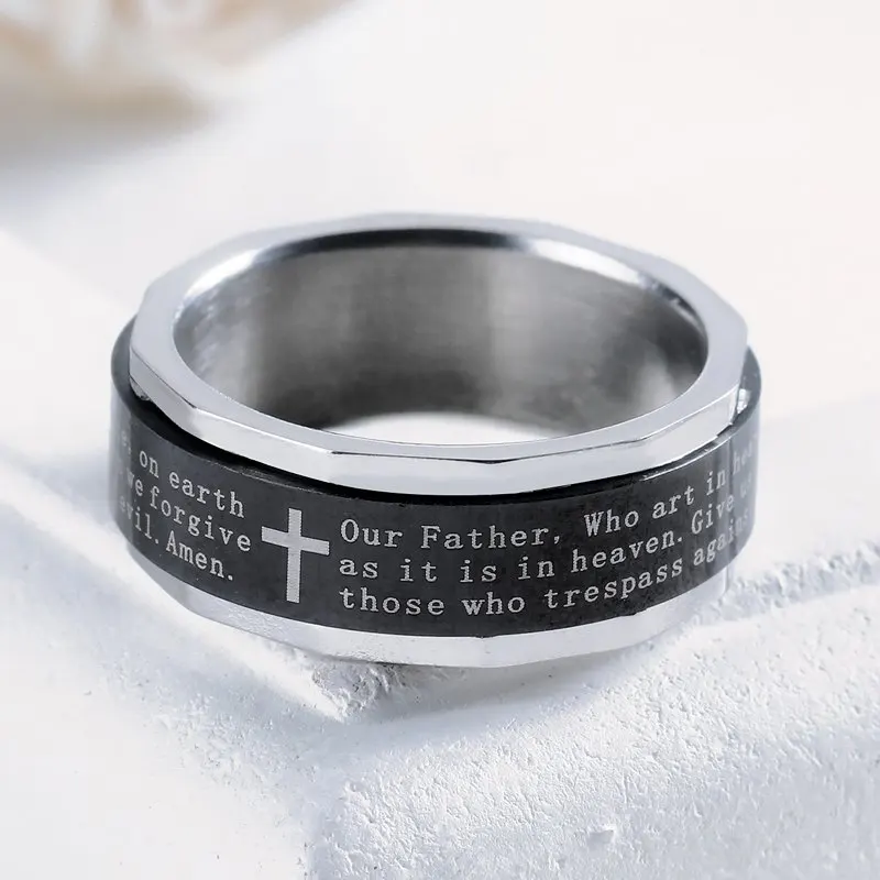 Fate Love Rotating Ring Men Jewelry Vintage Black Bible Cross Rings Stainless Steel Party Anillos Titanium Mens Jewellery | Украшения и