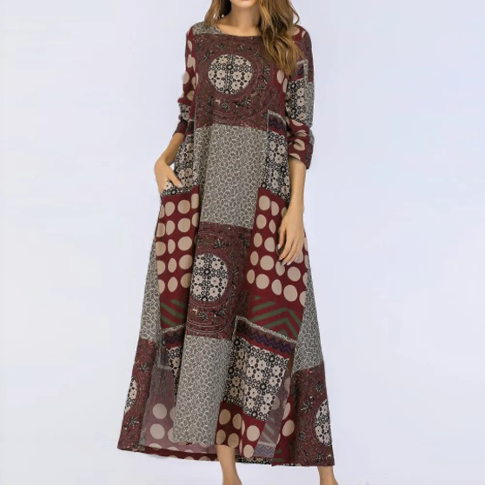 Платье женское 3/4 рукав хлопок лен свободный карман длинное платье Боу цветочное