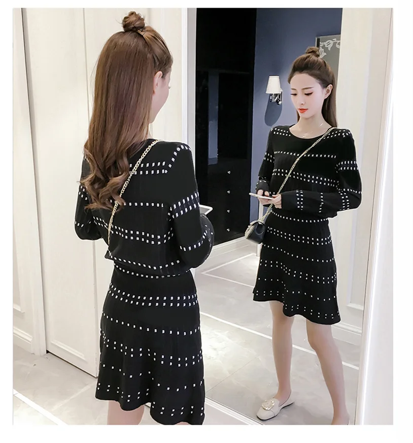 

Two Piece Dress Women Spring 2020 Vintage Plaid Long Sleeve Cropped Knitted Pullover A Line High Waist Skirt Clothing Set 4166