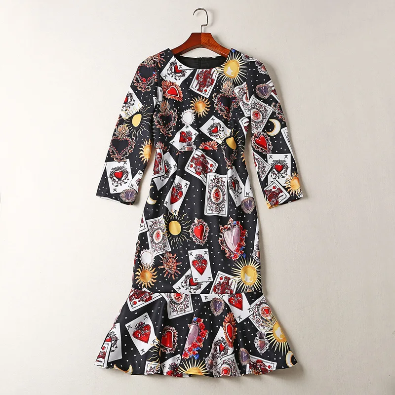 

Customized Runway Spring Three Quarter Sleeves Fishtail Dress Women's Black Playing Cards Printed Knee Length Vintage Dresses