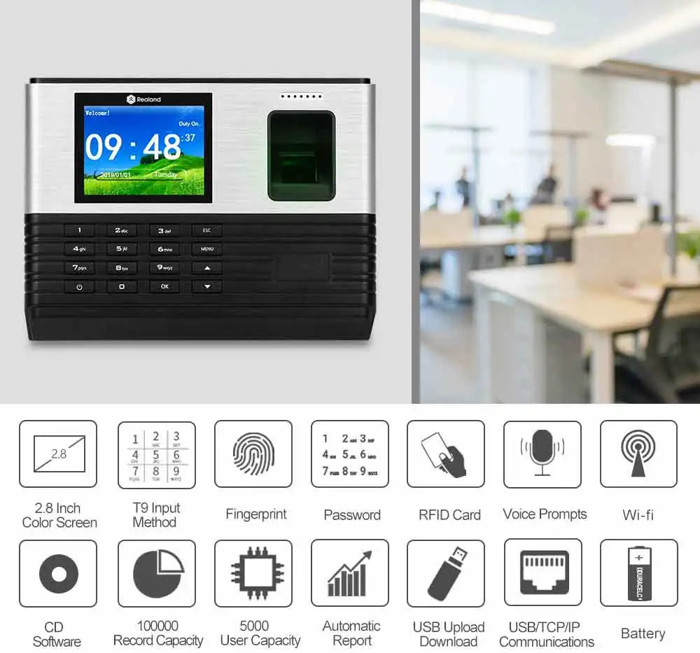 Realand 2,8 дюймов TCP/IP Wifi RFID биометрическая система учёта времени машина для сотрудников офиса отпечатков пальцев USB Время часы