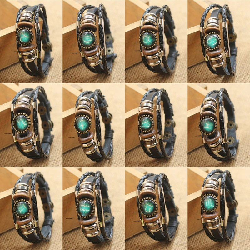 

Punk 12 Horoscope Leather Bracelet Retro Wooden Bead Charm Bracelet Female Male Men Woman Jewelry Gifts Wholesale
