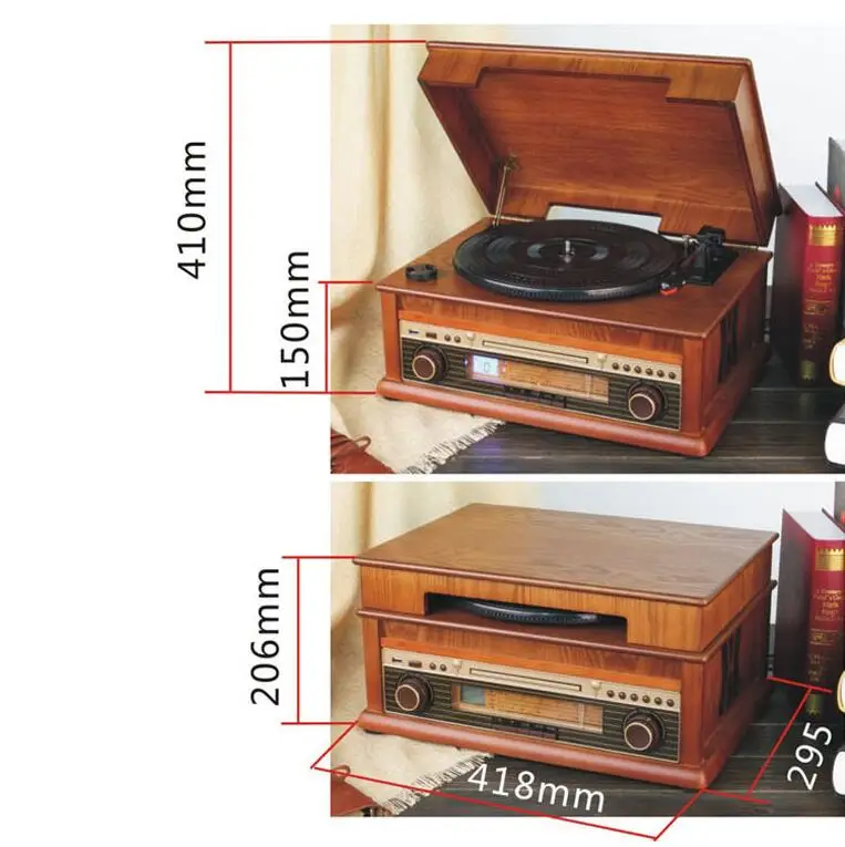 HiFi проигрыватель, Ретро виниловый проигрыватель, деревянная стереосистема, Bluetooth 4,0, AM/FM радио, CD, USB для MP3, Vinyl-to-MP3 записи