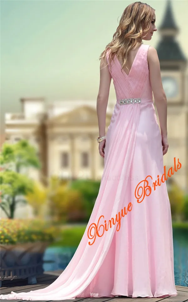 V neck Empire Waist Rhinestone Beading shape Back With Long Band Floor Length Beach Pink Evening Dress|beaded jumpsuit|beaded bikinibeaded leather