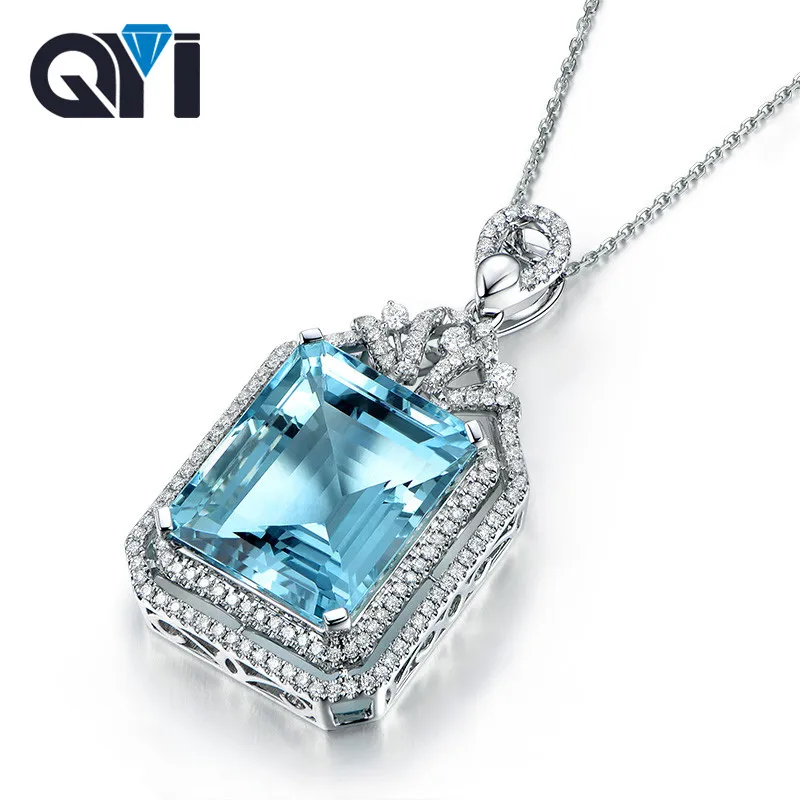 

QYI Luxury 4 ct Emerald Cut Gemstone Natural sky Blue Topaz Pendants Necklaces For Women 925 Sterling Silver Solitaire Pendants