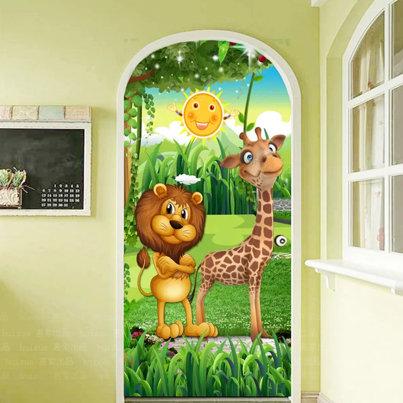 

3D Cartoon Children's Bedroom Door Sticker Forest Animal Painting Wallpaper PVC Self-Adhesive Waterproof Home Door Decals Mural