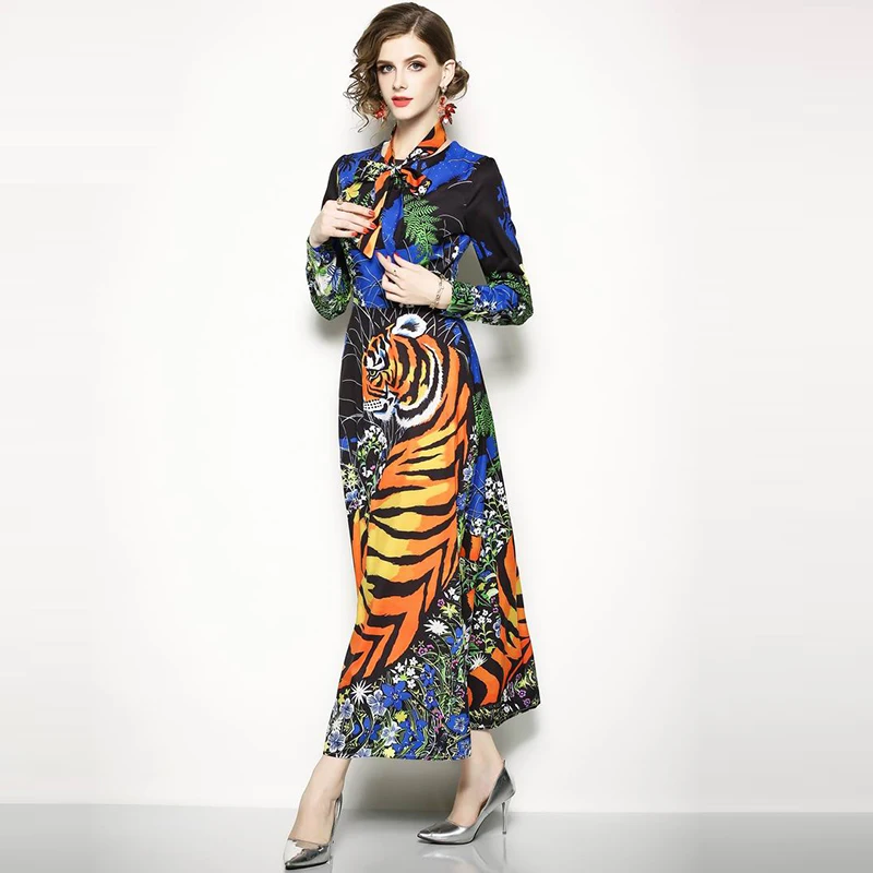 2018 Summer Women O Neck With Bow Tie Dress Vintage Long Sleeve Tiger Printing Dresses Vestidos de festa Female Brand Clothing | Женская