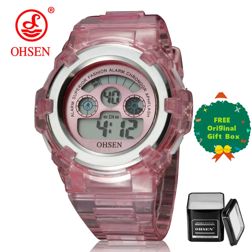 Pink and gift box OHSEN детские часы для мальчиков водонепроницаемый светодиодный цифровой спортивные детские часы дети будильник Дата часы для детей девочка подарок Reloj Deportivo - Цвет: Pink and gift box