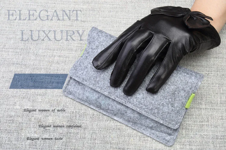 Leather Gloves Female Autumn Winter Real Leather Gloves Sheepskin Short Style Fashion Butterfly Knot Woman's Driving Gloves WL08