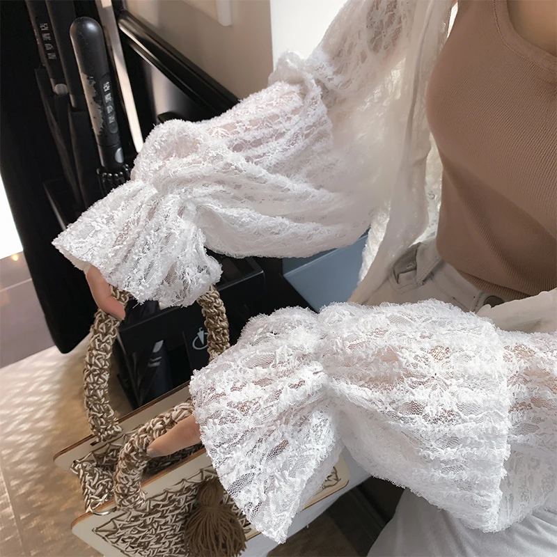 MiShow 2019 летняя женская мода круглый вырез длинный пагода рукава кружево ажурный