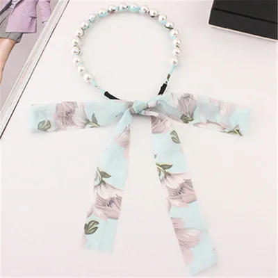 

Women's clothing 1PCS bow headband pearl chiffon streamers hair band long tassel hair band ladies hair accessories