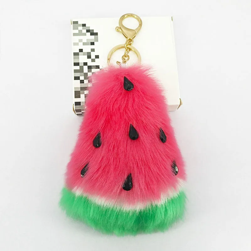 

Cute Watermelon Key Chains Puffy Pompom Handmade Soft Fur Pendant for Bag Decoration Car Key Keychains Jewelry Ornament Kids Toy