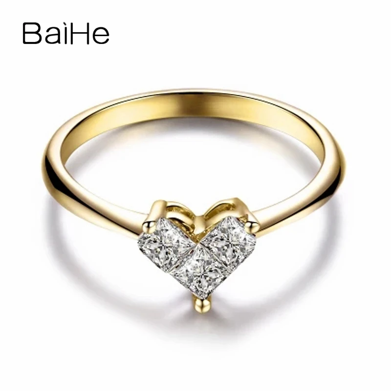 BAIHE Твердые 18K желтое золото 0.45ct H/SI принцесса три природных бриллианта помолвки