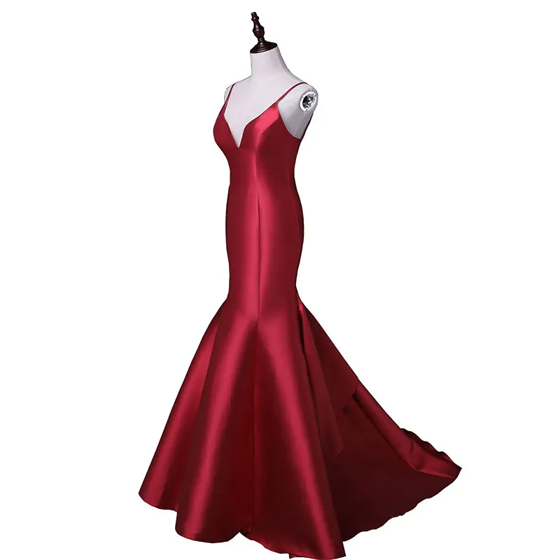 Женское атласное вечернее платье длинное Привлекательное со шлейфом и V образным