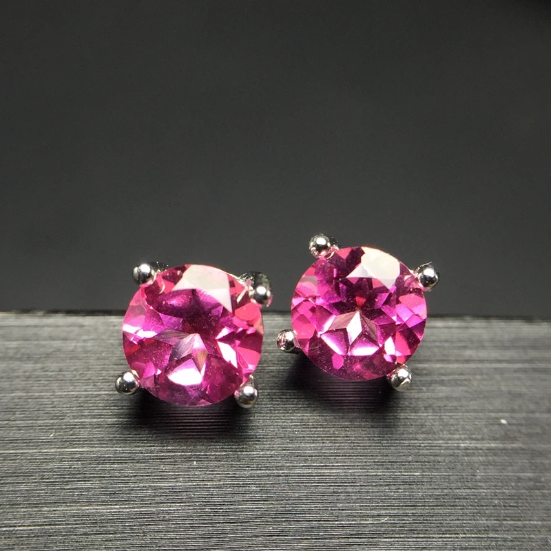 Простой стиль розовый топаз булавка для ушей 925 серебро маленькая милая