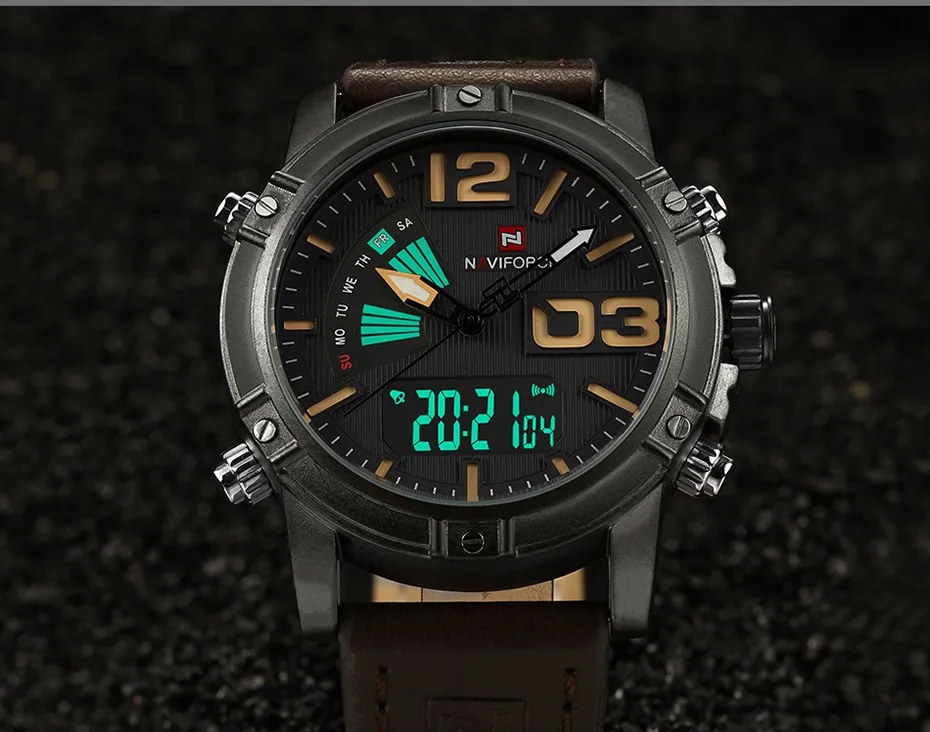 NAVIFORCE 9095, мужские цифровые спортивные часы, наручные часы для мужчин, Топ бренд, Военный стиль, роскошный кожаный светодиодный, кварцевые мужские часы