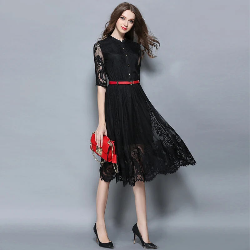 New Dress 2017 Весенняя Мода Выдалбливают Элегантный Белый Черное Кружево Партия