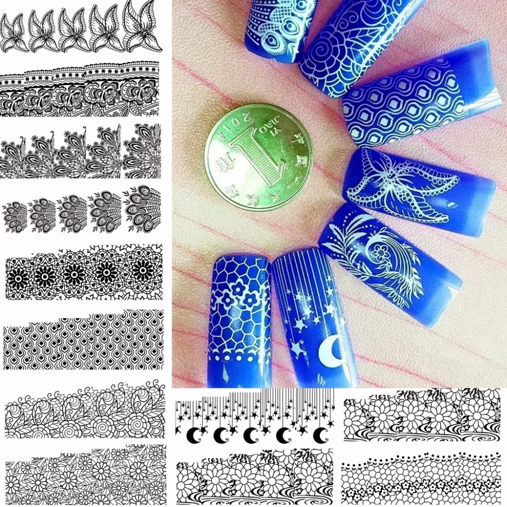 12 листов черно белые кружевные наклейки для дизайна ногтей|lace nail art|water transfer