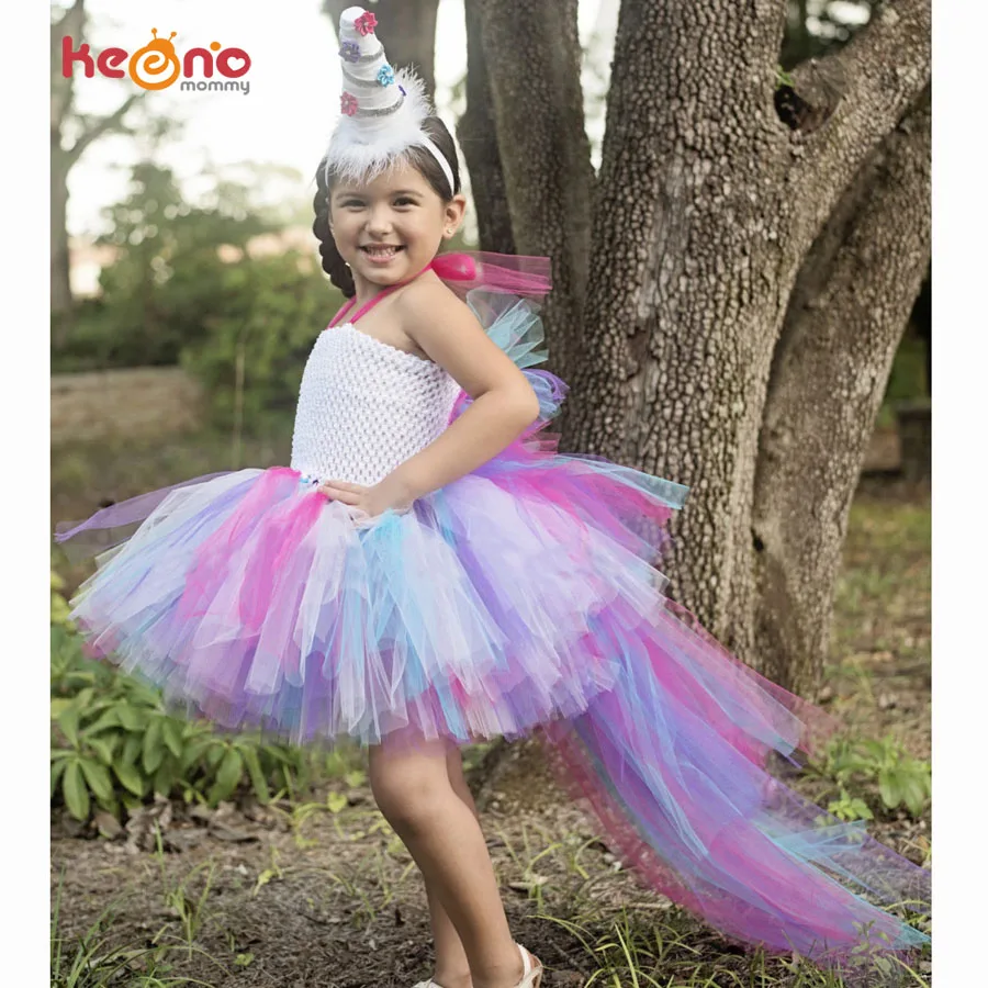 

Unicorn Bustle Tutu Dress Girls Birthday Party Dress Up Costume Colorful Pony Mane Girl Dress with Long Tail Little Horse Dress