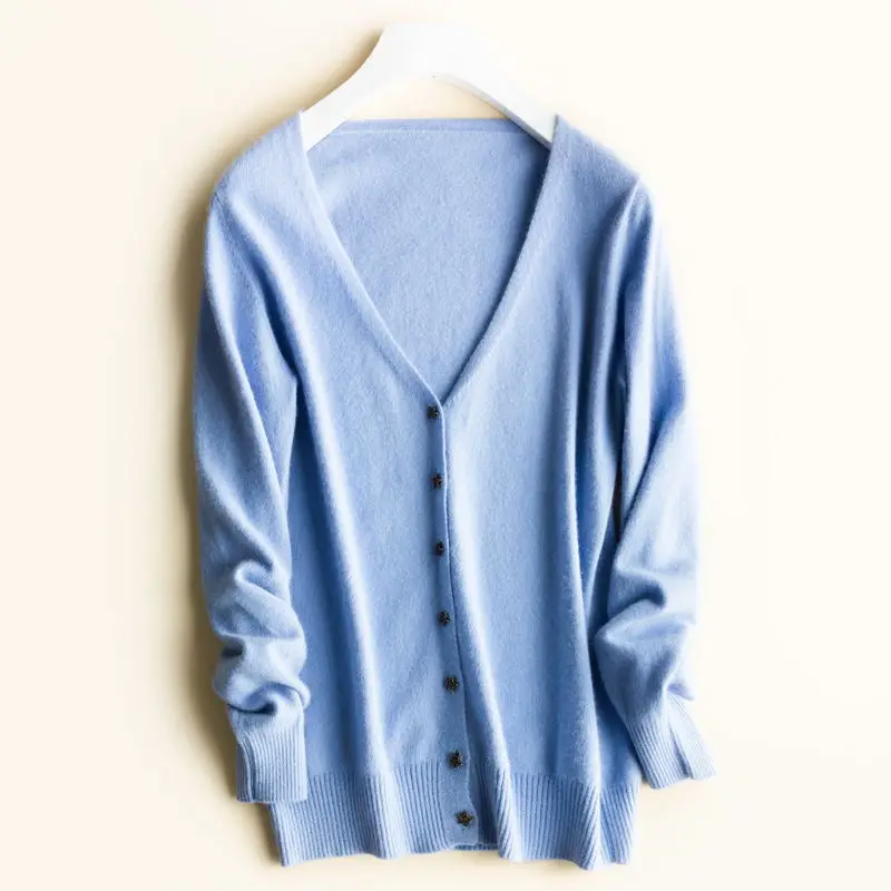 2019 early spring new cardigan sweater female V-neck cashmere solid color small fragrance wind knit slim bottom thin sec |