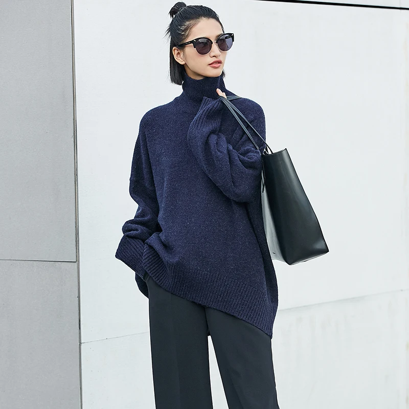 navy blue sweater Amii минималистичный женский свитер с высоким воротом, толстый осенний Повседневный однотонный Модный женский вязаный пуловер - Цвет: navy blue sweater