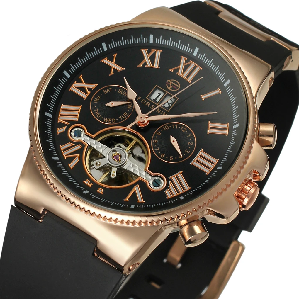 Forsining Tourbillon автоматические механические часы силиконовый ремешок чехол из розового золота римские цифры дисплей мужские часы Relogio Masculino